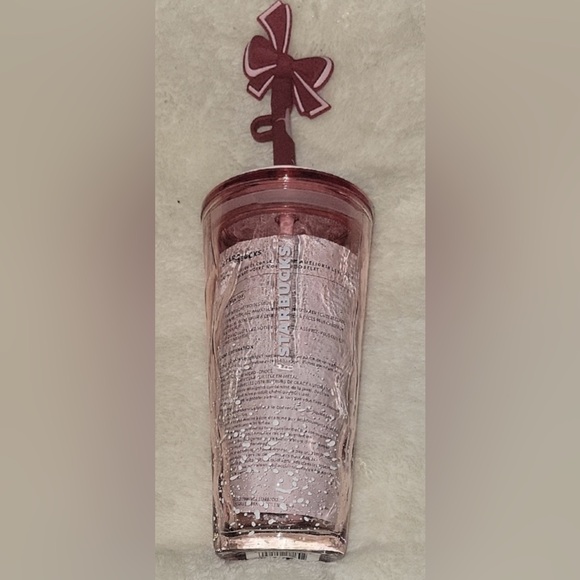 Starbucks Holiday Frosted Rose Tumbler with Lid and Unique Bow Straw Topper - Picture 2 of 6